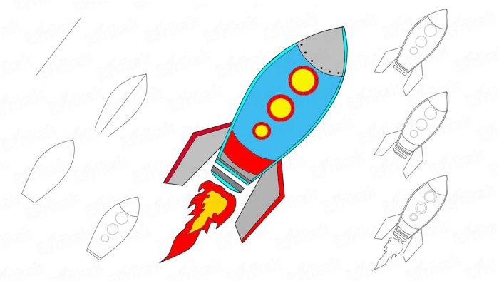 ракета нарисована поэтапно карандашом и разукрашена цветными фломастерами
