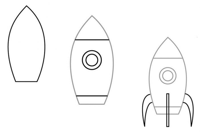 поэтапный рисунок ракеты карандашом для ребенка, вариант 2