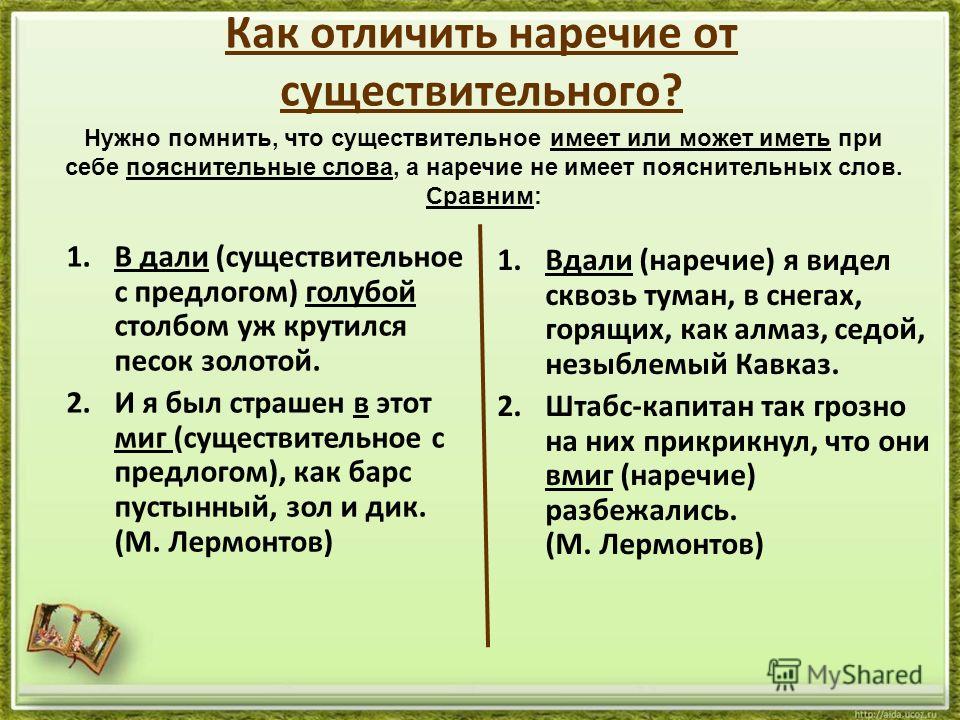 Как отличить. Как отличить наречие от существительного. Отличие наречий от существительных с предлогом.