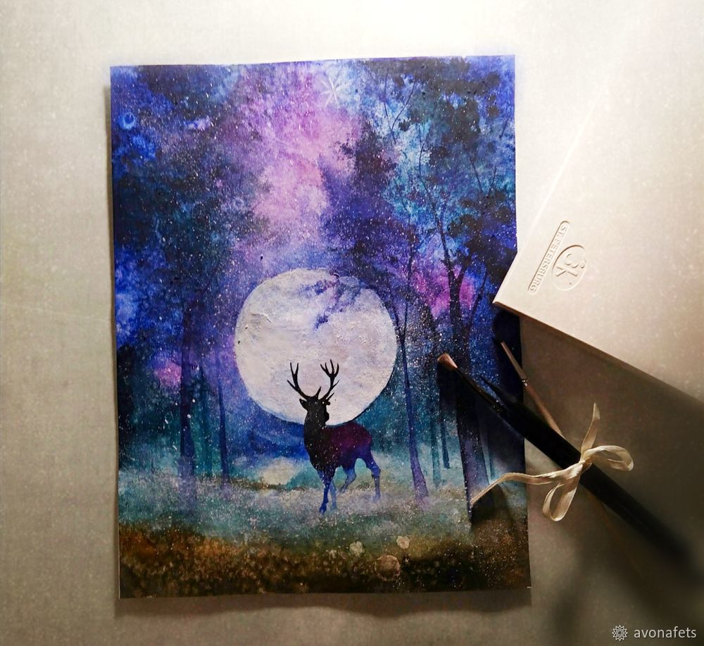 Рисуем акварелью волшебный лес с оленем, фото № 19