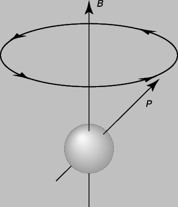 Рис. 10. ПРЕЦЕССИЯ АТОМА. Атом с магнитным моментом p прецессирует в магнитном поле с индукцией B.