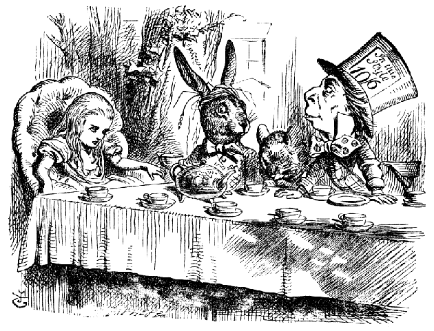 Чаепитие в «Алисе в Стране чудес» Льюиса Кэрролла. Иллюстрация Дж. Тенниела к первому изданию сказки, 1865 год.png