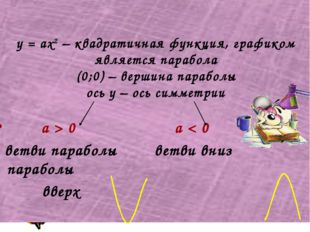 у = ах2 – квадратичная функция, графиком является парабола (0;0) – вершина па