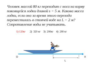 Человек массой 80 кг переходит с носа на корму покоящейся лодки длиной s = 5