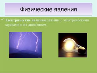 Физические явления Электрические явления связаны с электрическими зарядами и