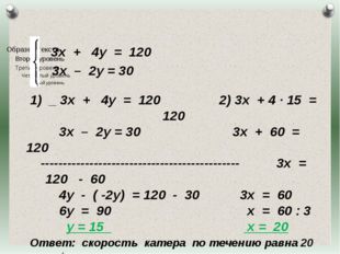 3х + 4у = 120 3х – 2у = 30 1) _ 3х + 4у = 120 2) 3х + 4 · 15 = 120 3х – 2у =