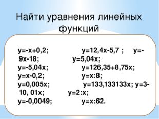Найти уравнения линейных функций y=-x+0,2; y=12,4x-5,7 ; y=-9x-18; y=5,04x; y
