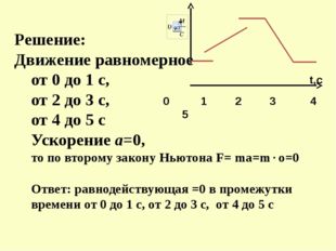 Решение: Движение равномерное от 0 до 1 с, от 2 до 3 с, от 4 до 5 с Ускорение