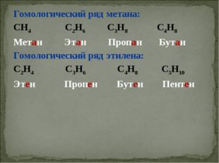 Гомологический ряд метана: СН4 С2Н6 С3Н8 С4Н8 Метан Этан Пропан Бутан Гомолог