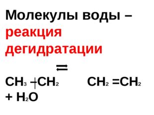 Молекулы воды – реакция дегидратации СН3 –СН2 СН2 =СН2 + Н2О ОН 