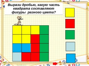 Вырази дробью, какую часть квадрата составляют фигуры разного цвета? 