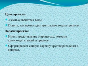 Цель проекта: Узнать о свойствах воды. Понять, как происходит круговорот вод