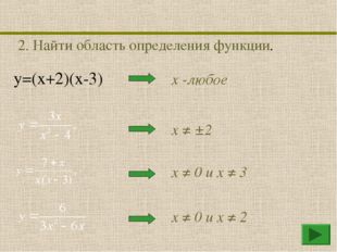 2. Найти область определения функции. х -любое х ≠ ±2 х ≠ 0 и х ≠ 3 х ≠ 0 и х