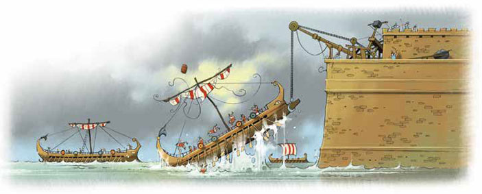 Подъёмные краны с крючьями, которые цепляли римские корабли и топили их в гавани. Рисунок Алексея Вайнера («Квантик» №3, 2019)
