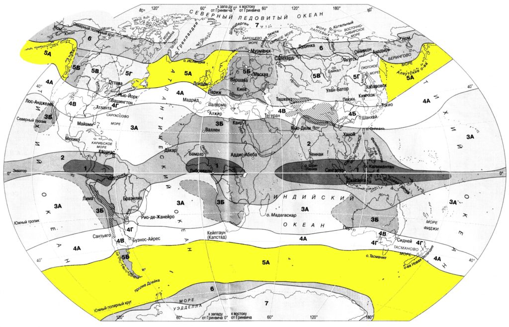 Где находится умеренный морской пояс? Область с умеренным морским климатом окрашена в желтый цвет