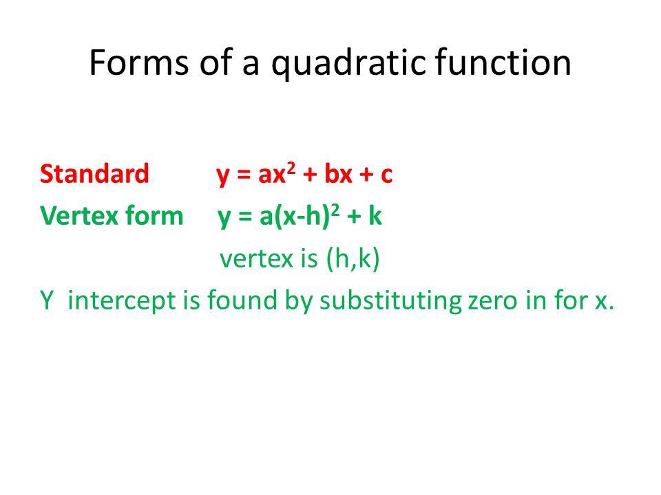 Forms of a quadratic function Standard y = ax 2 + bx + c Vertex form y = a(x-h) 2 + k vertex is (h,k) Y intercept is found by substituting zero in for x.