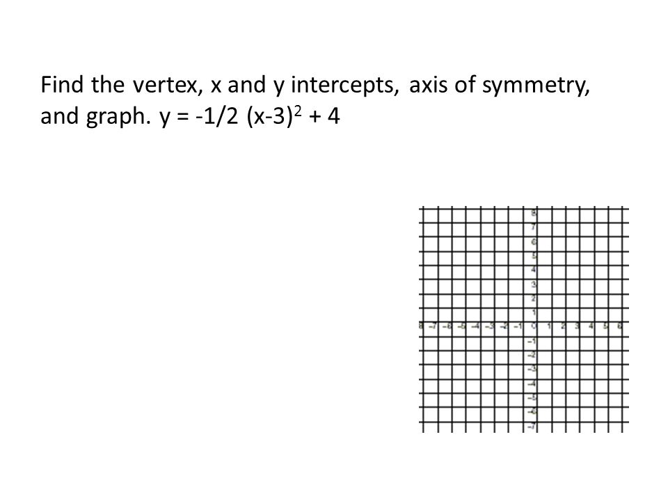Find the vertex, x and y intercepts, axis of symmetry, and graph. y = -1/2 (x-3) 2 + 4