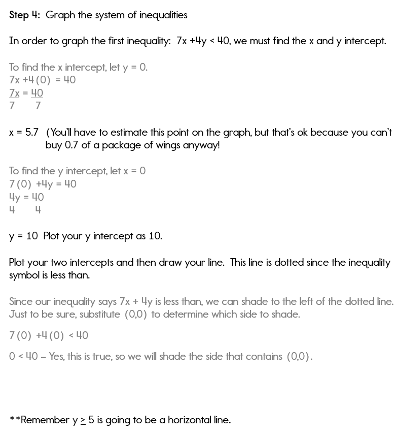 Part 2 of the solution to a system of inequalities word problem.