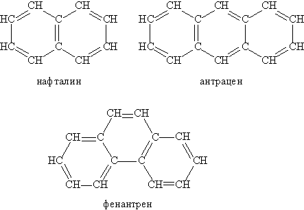 Рис. 19. АРОМАТИЧЕСКИЕ УГЛЕВОДОРОДЫ. Сейчас бензольные циклы чаще изображают не с помощью чередующихся простых и двойных связей, а используют кольцевой символ внутри цикла. Бензольные циклы имеют плоское строение, что становится наглядным при определенном повороте молекул (в соответствующий момент вращение приостанавливается)