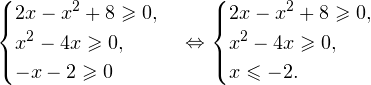 \[ \begin{cases}2x-x^2+8\geqslant 0, \\ x^2-4x\geqslant 0, \\ -x-2\geqslant 0\end{cases}\Leftrightarrow\begin{cases}2x-x^2+8\geqslant 0, \\ x^2-4x\geqslant 0, \\ x\leqslant -2.\end{cases} \]