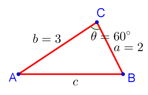 Пример нахождения стороны треугольника через две другие стороны и угол между ними с помощью теоремы косинусов для треугольника